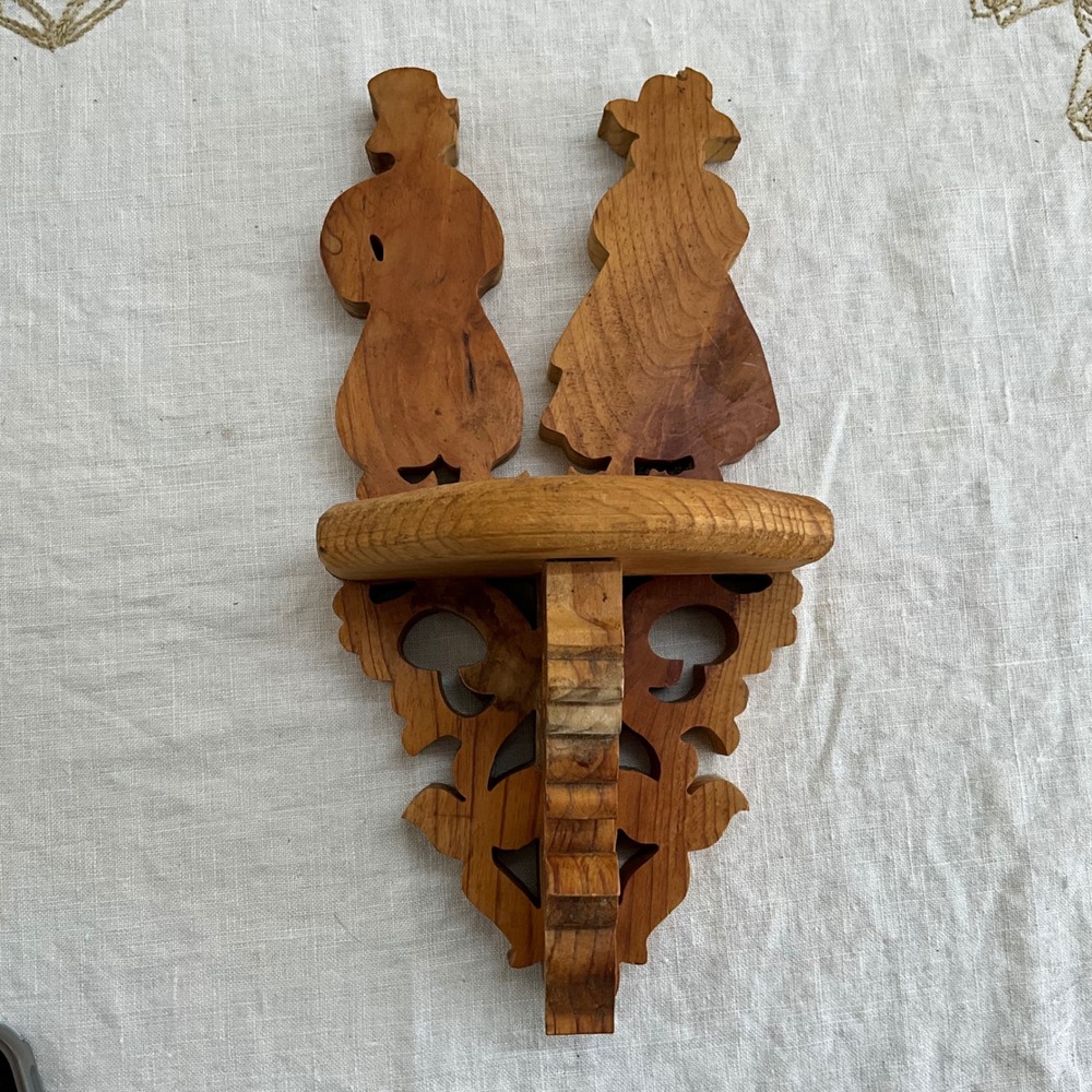 Vintage Hand Carved Amish Wood Wall Shelf Folk Art Scrollwork Grannycore Cottage